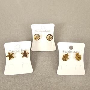 Gold Tone  Stud Earrings Lot of 3 Pairs Mixed Namaste Hands Flower, Heart